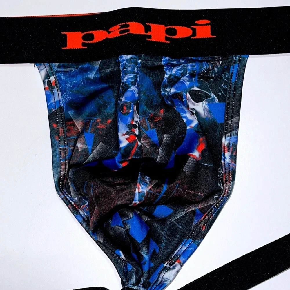 Papi Mens Graphic Print Jockstrap Black Blue Red Athletic Supporter Size M NEW